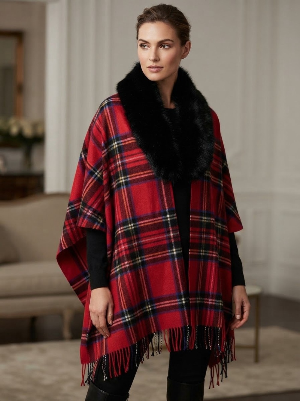 Vintage Tartan Plaid Wrap with Faux Fur Collar & Fringe Trim